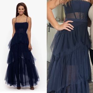 Betsy & Adam Navy Blue Long Mesh Corset Gown